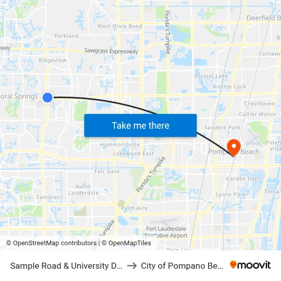 Sample Road & University Drive to City of Pompano Beach map