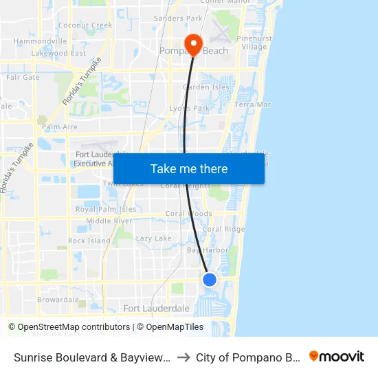 Sunrise Boulevard & Bayview Drive to City of Pompano Beach map