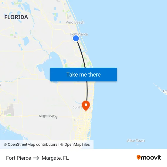 Fort Pierce to Margate, FL map