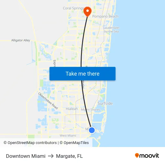 Downtown Miami to Margate, FL map