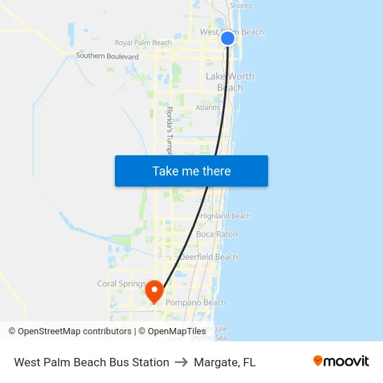 West Palm Beach Bus Station to Margate, FL map