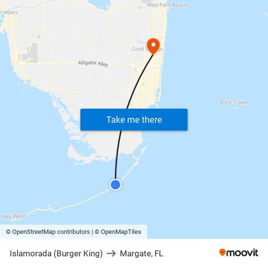 Islamorada (Burger King) to Margate, FL map