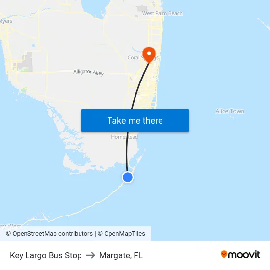Key Largo Bus Stop to Margate, FL map