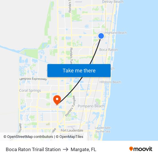 Boca Raton Trirail Station to Margate, FL map
