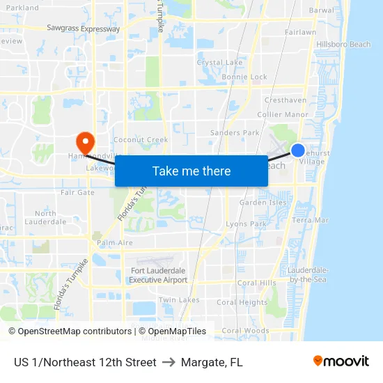 US 1/Northeast 12th Street to Margate, FL map