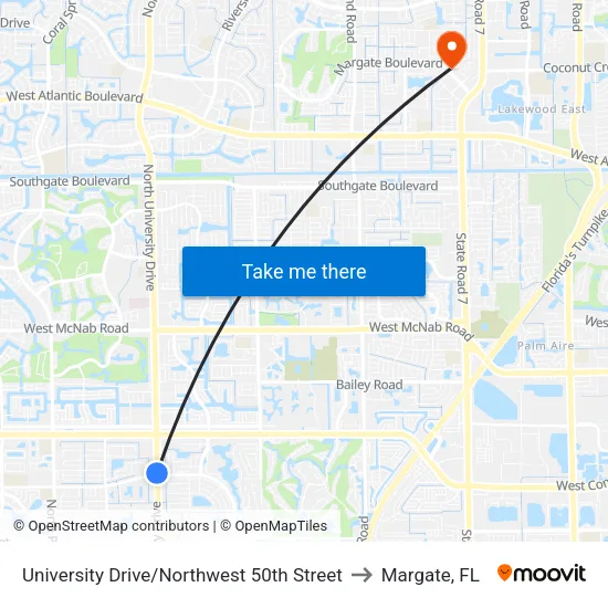 University Drive/Northwest 50th Street to Margate, FL map