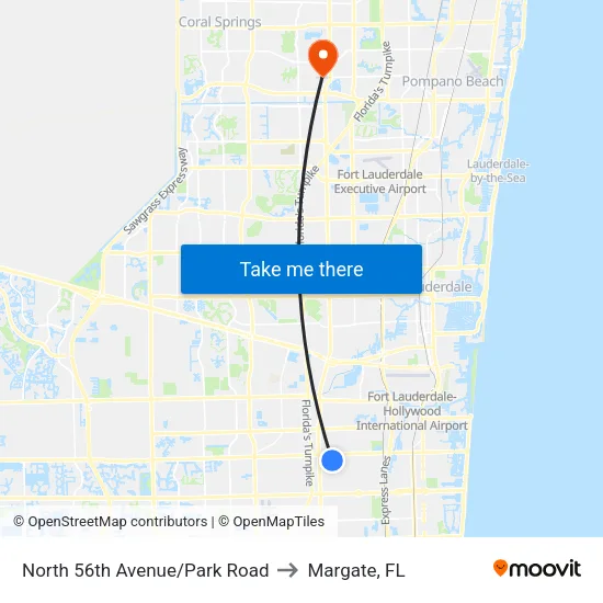 North 56th Avenue/Park Road to Margate, FL map