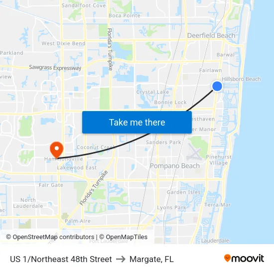 US 1/Northeast 48th Street to Margate, FL map