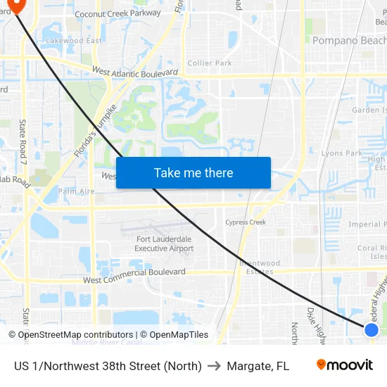 US 1/Northwest 38th Street (North) to Margate, FL map