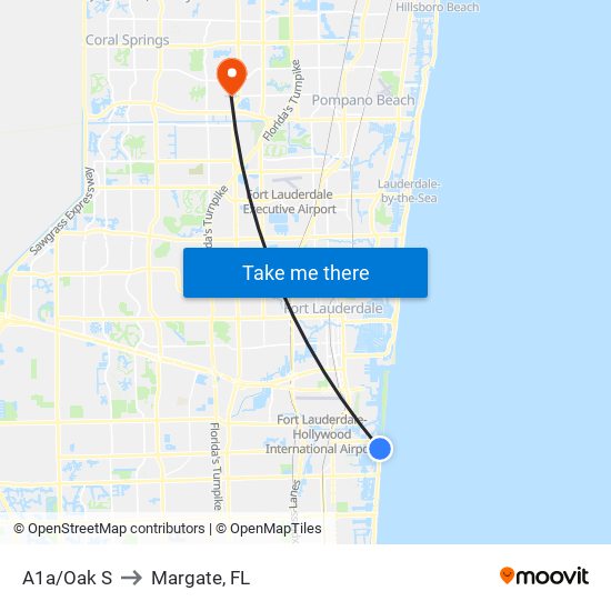 A1A/OAK S to Margate, FL map