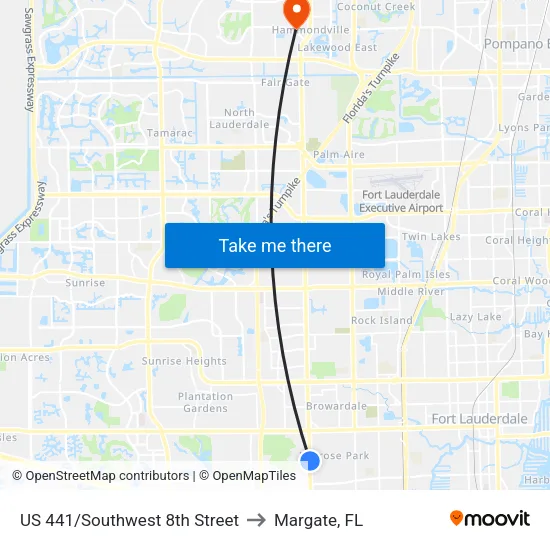 US 441/Southwest 8th Street to Margate, FL map