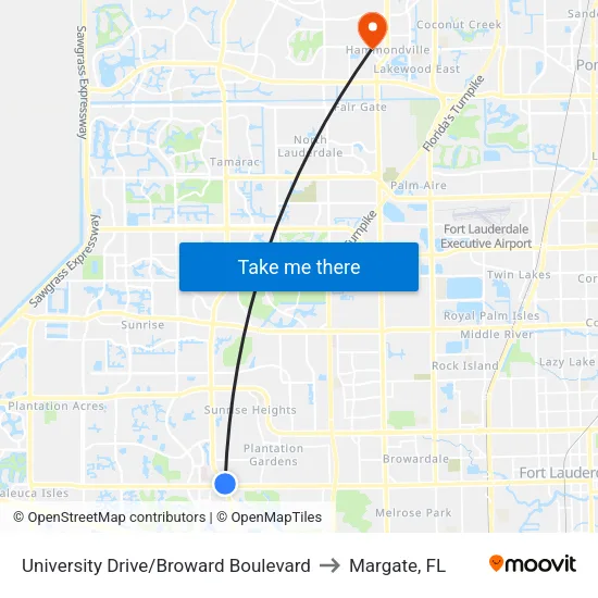 University Drive/Broward Boulevard to Margate, FL map