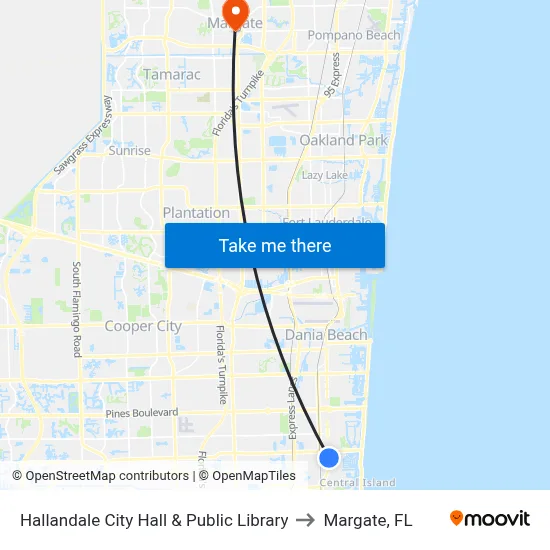 Hallandale City Hall & Public Library to Margate, FL map