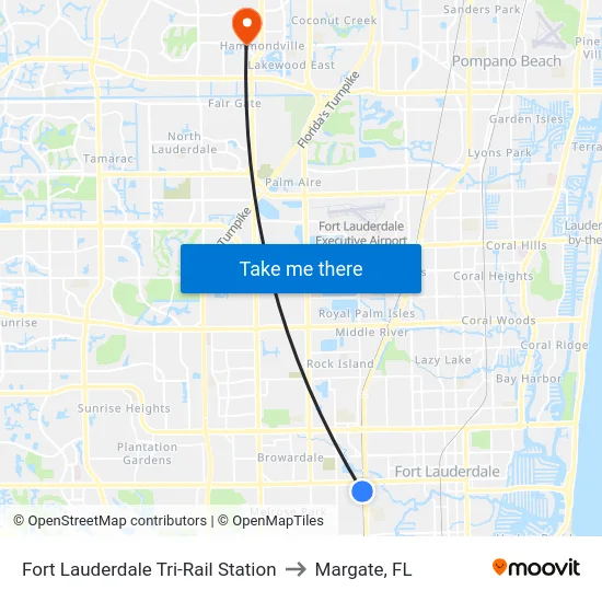Fort Lauderdale Tri-Rail Station to Margate, FL map