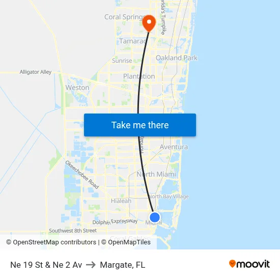 Ne 19 St & Ne 2 Av to Margate, FL map