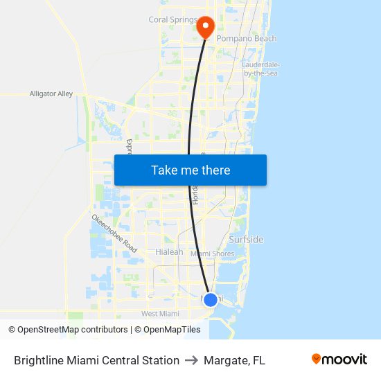 Brightline Miami Central Station to Margate, FL map