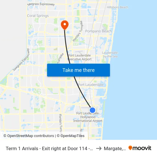 Term 1 Arrivals - Exit right at Door 114 - Zone B to Margate, FL map