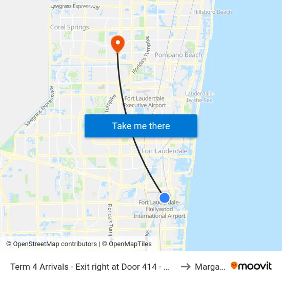 Term 4 Arrivals - Exit right at Door 414 - White Awning - Zone B to Margate, FL map
