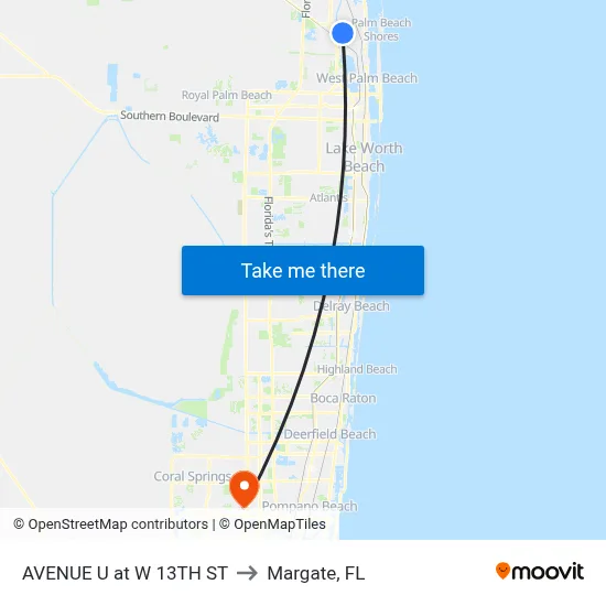 AVENUE U at W 13TH ST to Margate, FL map