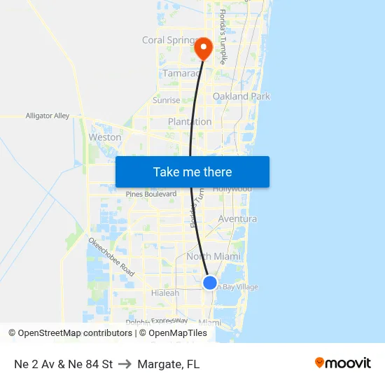 Ne 2 Av & Ne 84 St to Margate, FL map