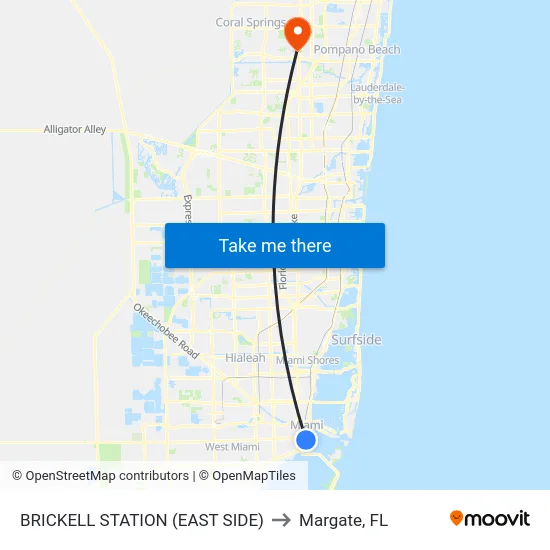 Brickell Station (East Side) to Margate, FL map