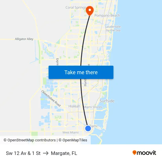 Sw 12 Av & 1 St to Margate, FL map