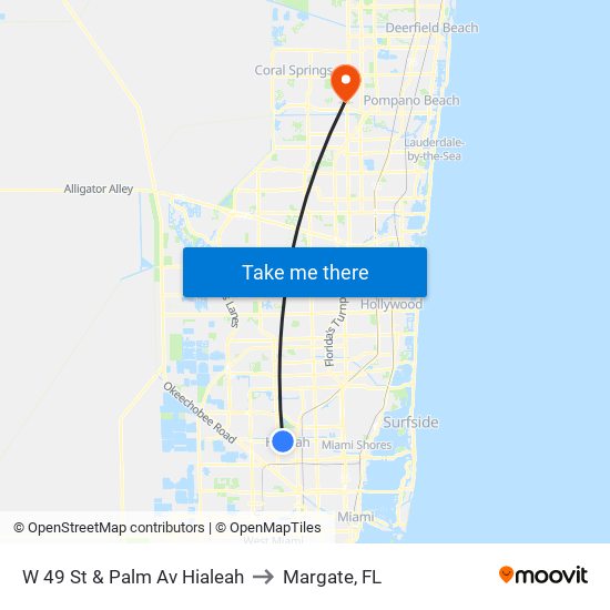 W 49 St & Palm Av Hialeah to Margate, FL map