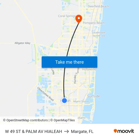 W 49 St & Palm Av Hialeah to Margate, FL map