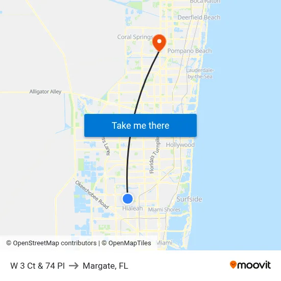 W 3 Ct & 74 Pl to Margate, FL map