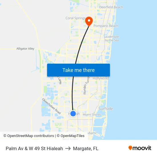 Palm Av & W 49 St Hialeah to Margate, FL map