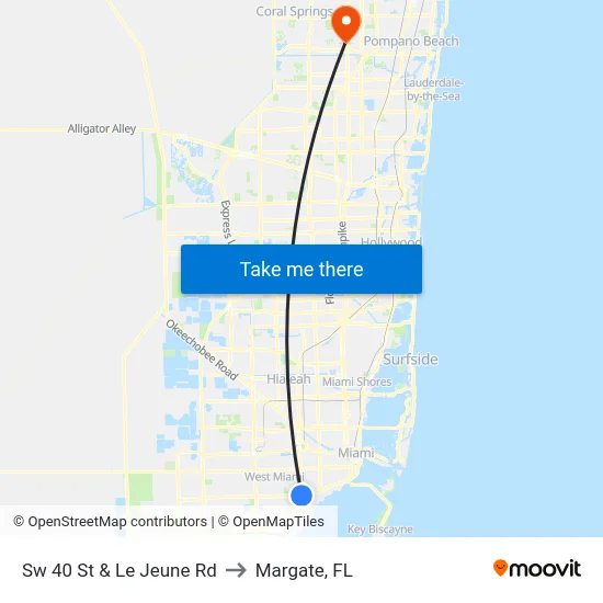 Sw 40 St & Le Jeune Rd to Margate, FL map