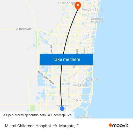 Miami Childrens Hospital to Margate, FL map