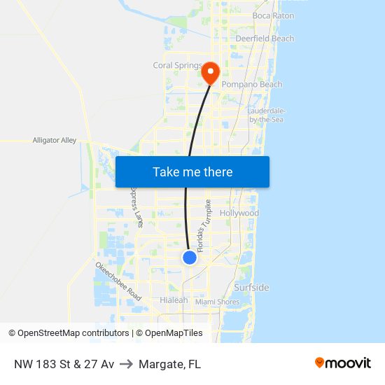 NW 183 St & 27 Av to Margate, FL map