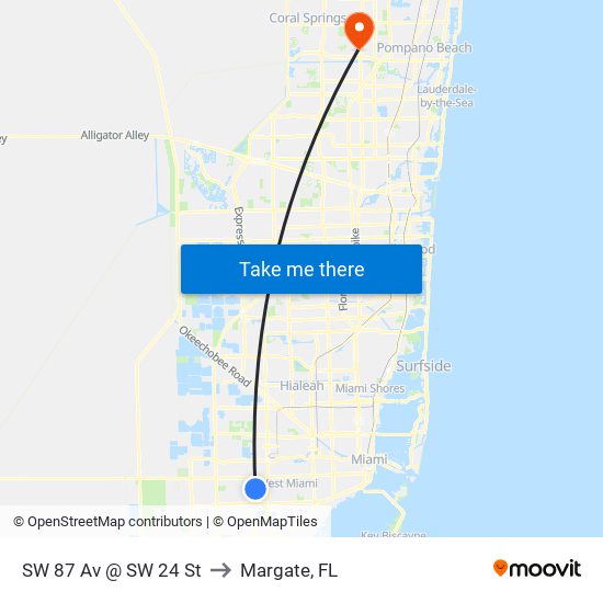 SW 87 Av @ SW 24 St to Margate, FL map