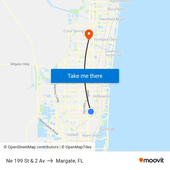 Ne 199 St & 2 Av to Margate, FL map