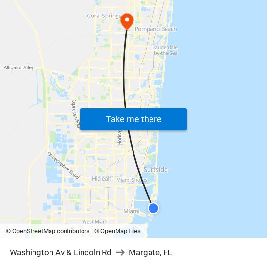 Washington Av & Lincoln Rd to Margate, FL map