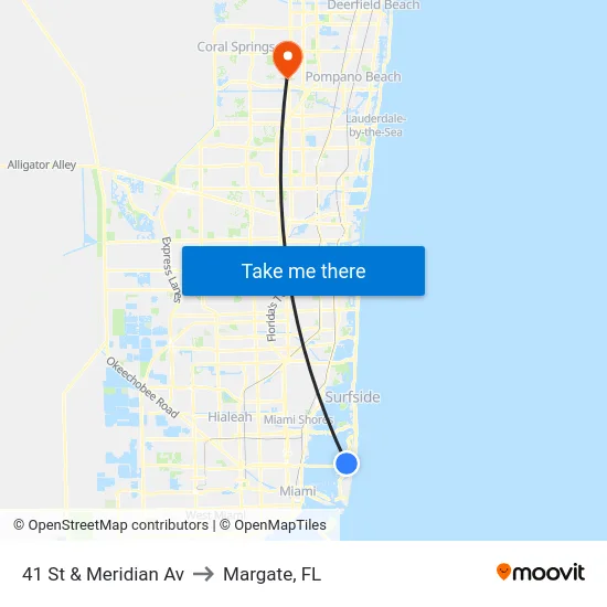 41 St & Meridian Av to Margate, FL map