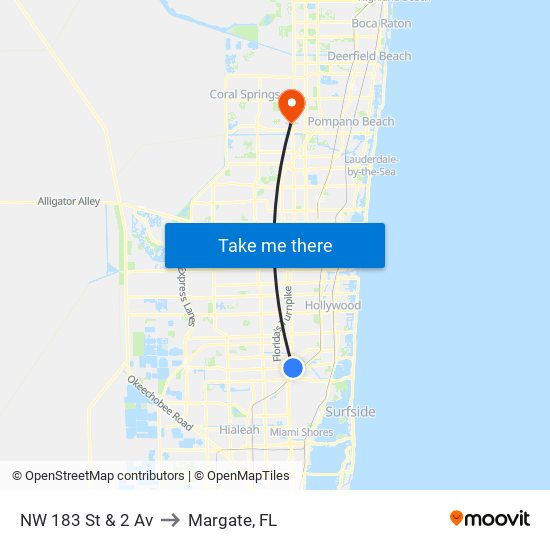 NW 183 St & 2 Av to Margate, FL map