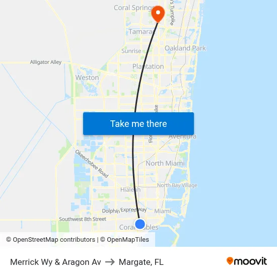 Merrick Wy & Aragon Av to Margate, FL map