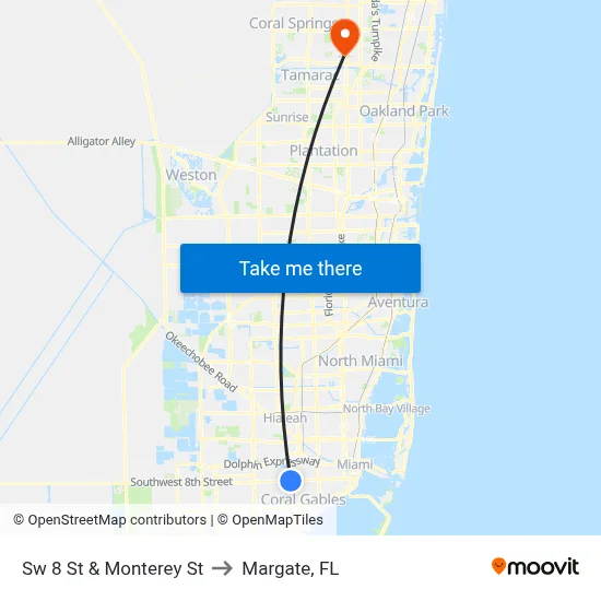 Sw 8 St & Monterey St to Margate, FL map
