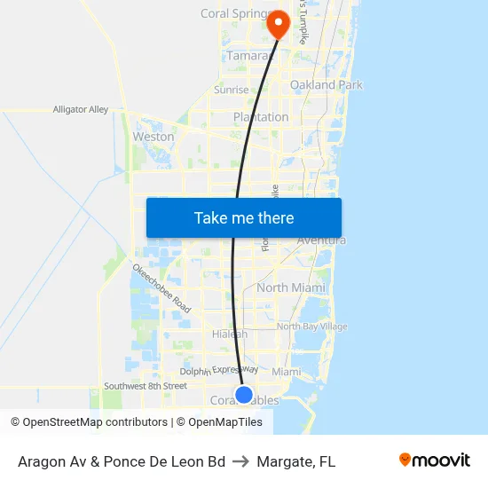 Aragon Av & Ponce De Leon Bd to Margate, FL map