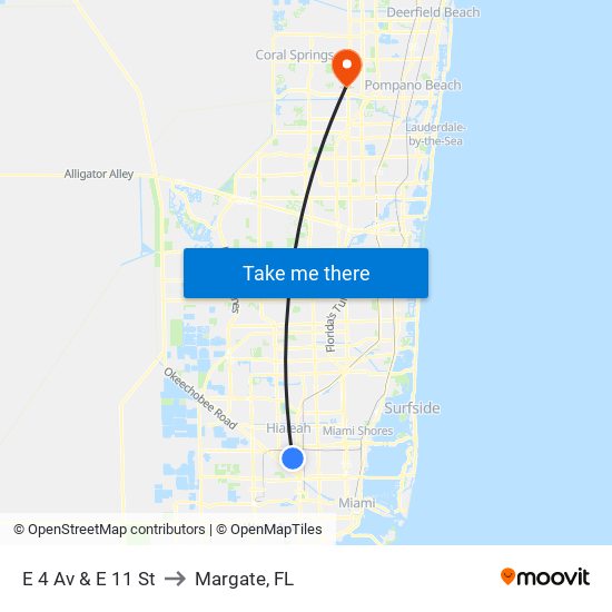 E 4 Av & E 11 St to Margate, FL map