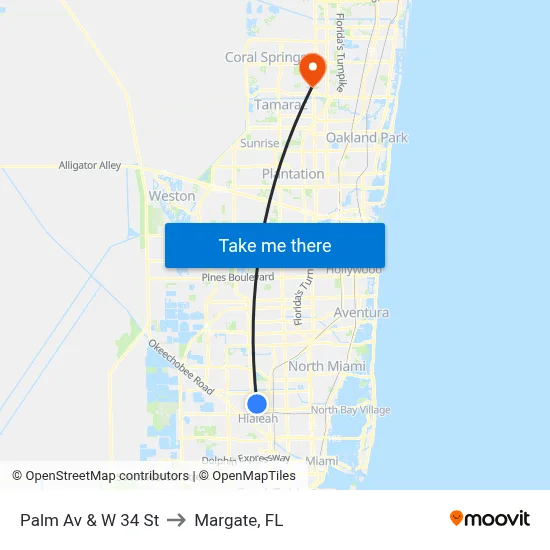 Palm Av & W 34 St to Margate, FL map