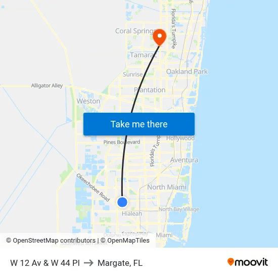 W 12 Av & W 44 Pl to Margate, FL map