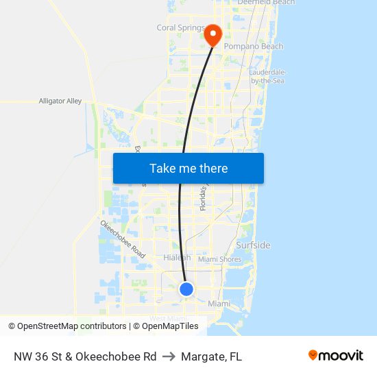 NW 36 St & Okeechobee Rd to Margate, FL map