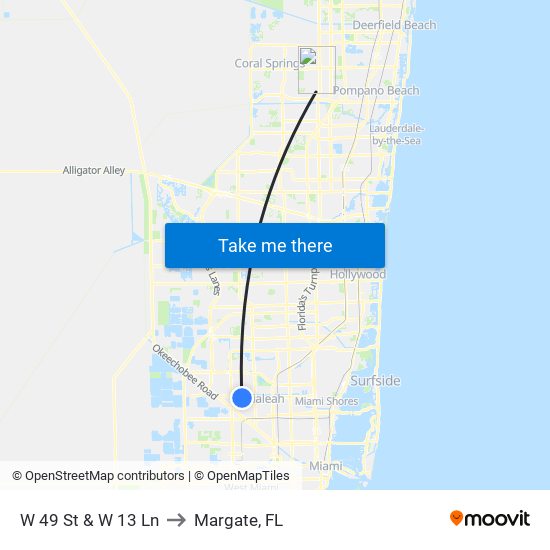 W 49 St & W 13 Ln to Margate, FL map