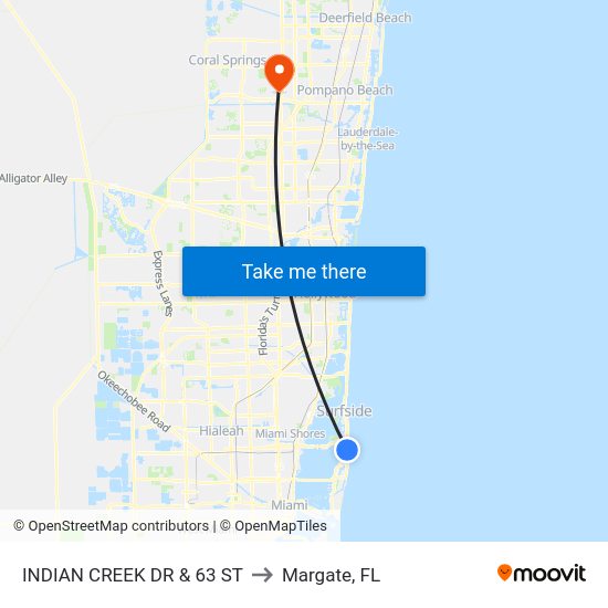 Indian Creek Dr & 63 St to Margate, FL map