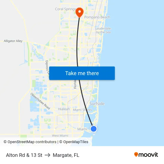 Alton Rd & 13 St to Margate, FL map