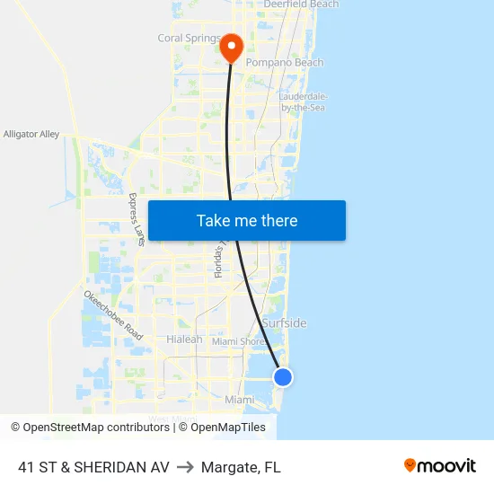 41 St & Sheridan Av to Margate, FL map