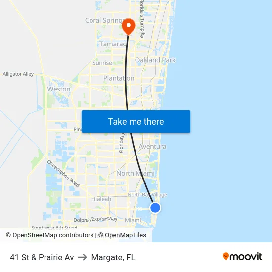 41 St & Prairie Av to Margate, FL map